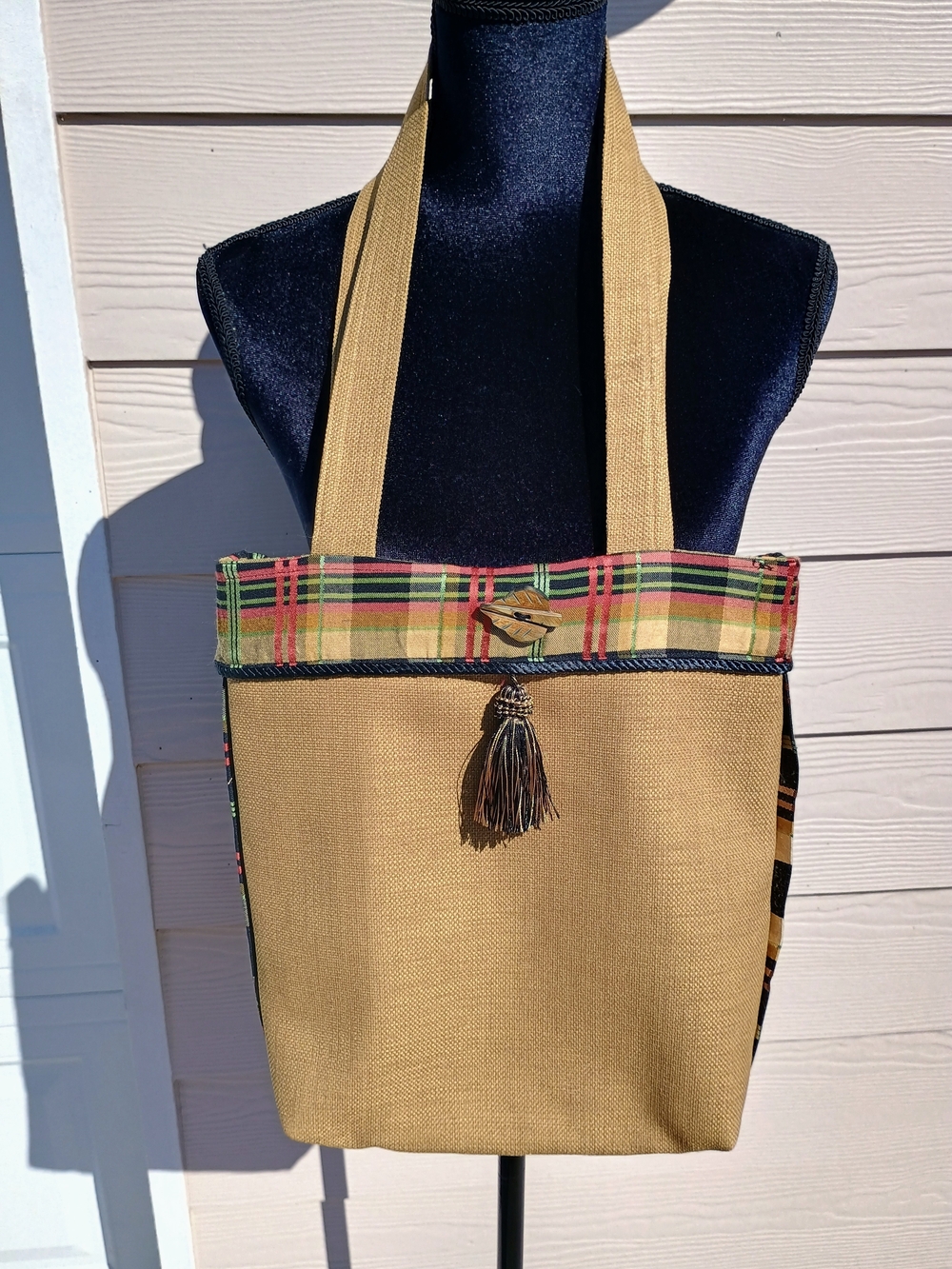 Casual Tan Tote with Plaid Trim and Tassel